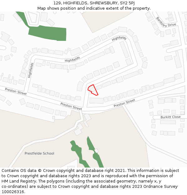 129, HIGHFIELDS, SHREWSBURY, SY2 5PJ: Location map and indicative extent of plot