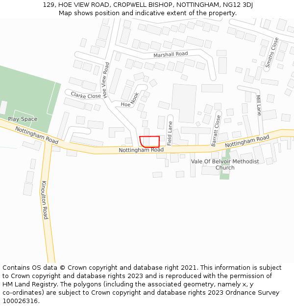 129, HOE VIEW ROAD, CROPWELL BISHOP, NOTTINGHAM, NG12 3DJ: Location map and indicative extent of plot