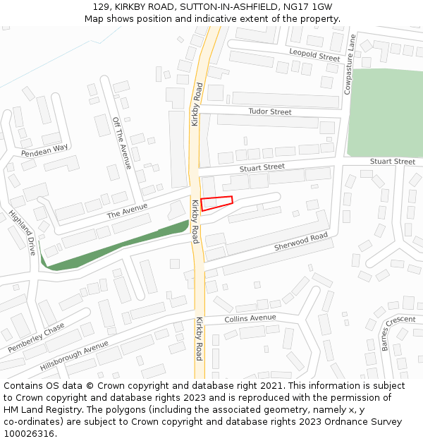 129, KIRKBY ROAD, SUTTON-IN-ASHFIELD, NG17 1GW: Location map and indicative extent of plot