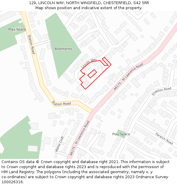 129, LINCOLN WAY, NORTH WINGFIELD, CHESTERFIELD, S42 5RR: Location map and indicative extent of plot