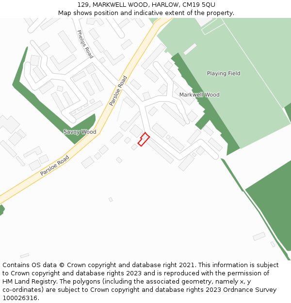129, MARKWELL WOOD, HARLOW, CM19 5QU: Location map and indicative extent of plot