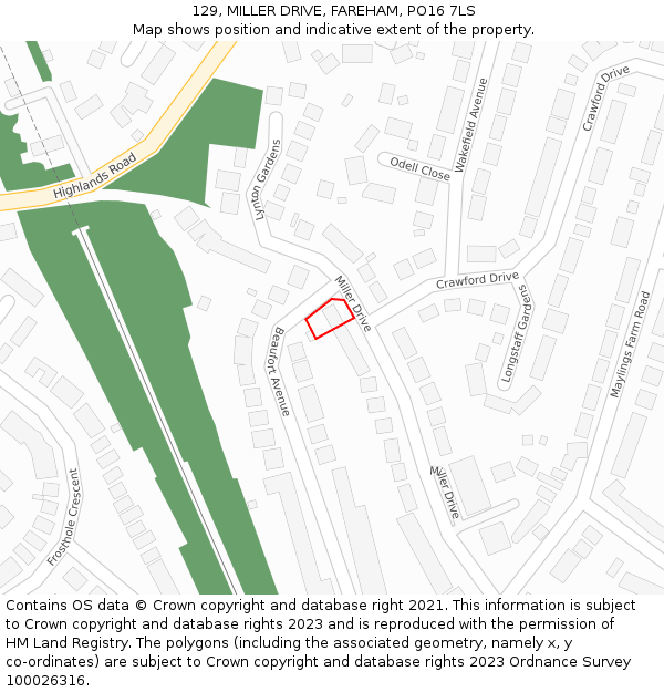129, MILLER DRIVE, FAREHAM, PO16 7LS: Location map and indicative extent of plot