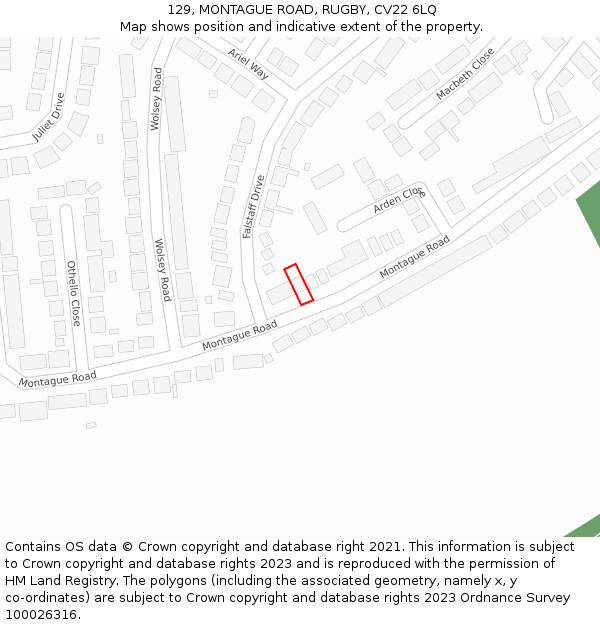 129, MONTAGUE ROAD, RUGBY, CV22 6LQ: Location map and indicative extent of plot