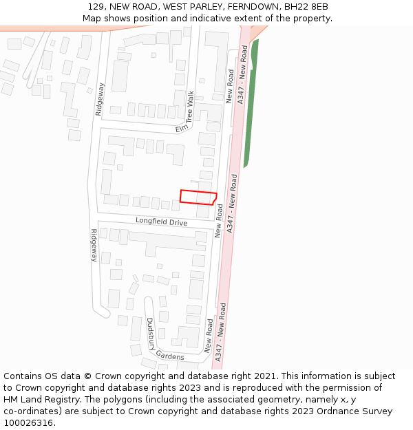 129, NEW ROAD, WEST PARLEY, FERNDOWN, BH22 8EB: Location map and indicative extent of plot