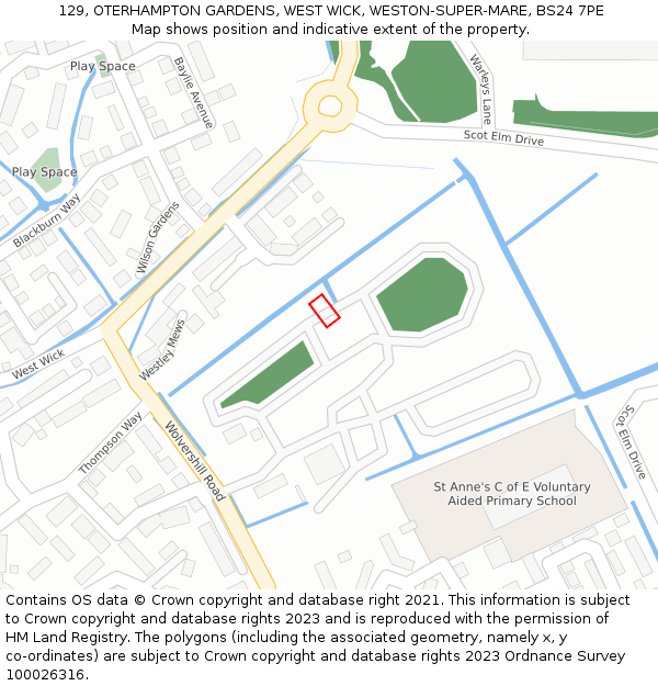 129, OTERHAMPTON GARDENS, WEST WICK, WESTON-SUPER-MARE, BS24 7PE: Location map and indicative extent of plot