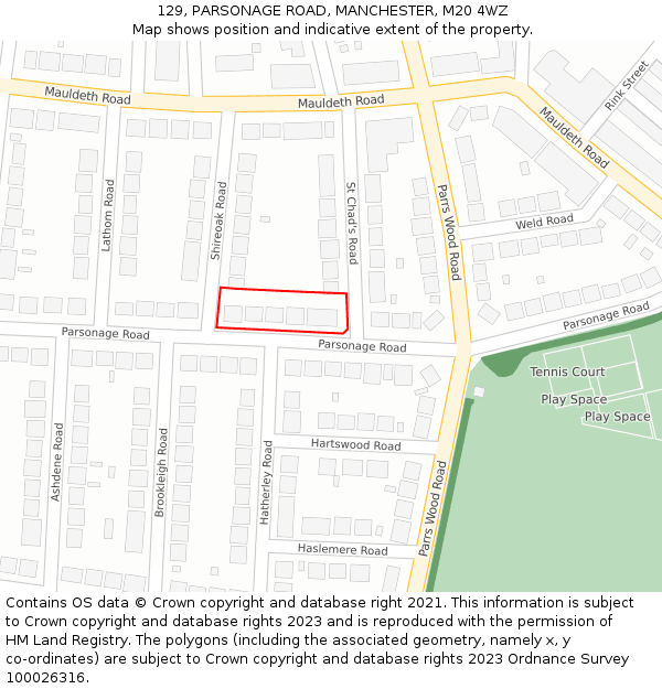 129, PARSONAGE ROAD, MANCHESTER, M20 4WZ: Location map and indicative extent of plot