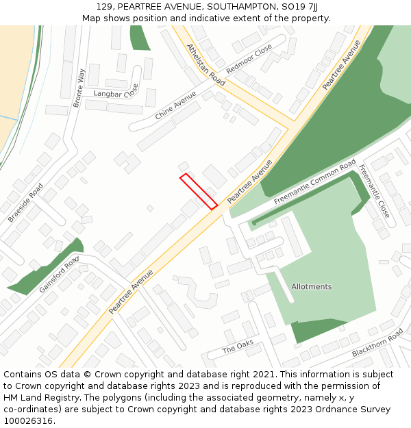 129, PEARTREE AVENUE, SOUTHAMPTON, SO19 7JJ: Location map and indicative extent of plot