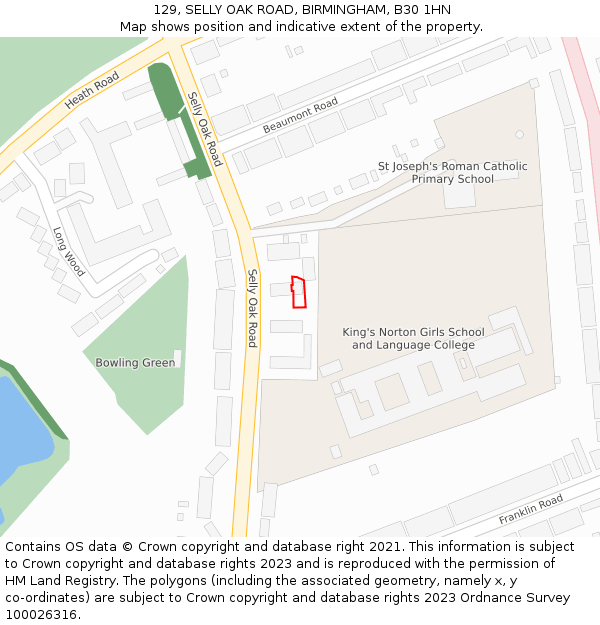 129, SELLY OAK ROAD, BIRMINGHAM, B30 1HN: Location map and indicative extent of plot