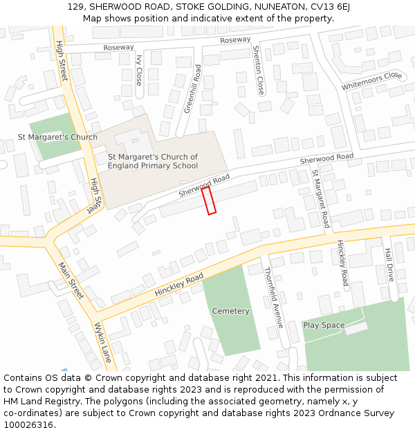 129, SHERWOOD ROAD, STOKE GOLDING, NUNEATON, CV13 6EJ: Location map and indicative extent of plot