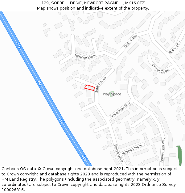 129, SORRELL DRIVE, NEWPORT PAGNELL, MK16 8TZ: Location map and indicative extent of plot