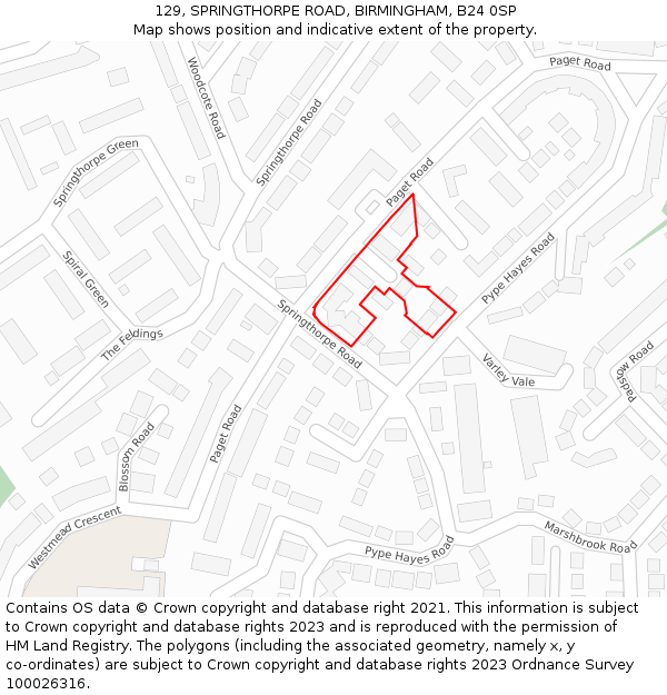 129, SPRINGTHORPE ROAD, BIRMINGHAM, B24 0SP: Location map and indicative extent of plot