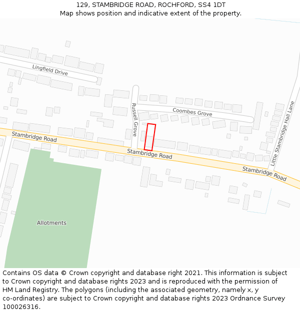 129, STAMBRIDGE ROAD, ROCHFORD, SS4 1DT: Location map and indicative extent of plot