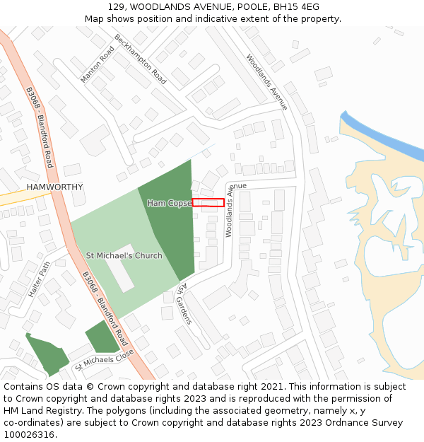 129, WOODLANDS AVENUE, POOLE, BH15 4EG: Location map and indicative extent of plot