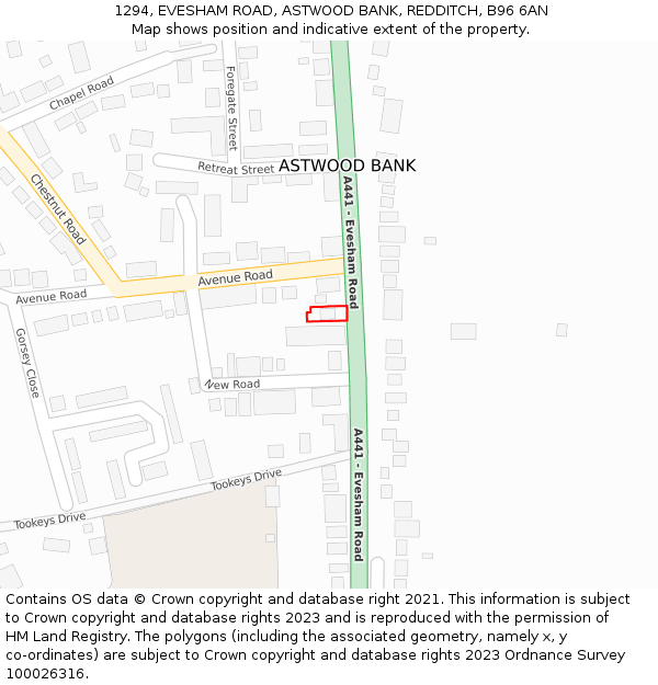 1294, EVESHAM ROAD, ASTWOOD BANK, REDDITCH, B96 6AN: Location map and indicative extent of plot
