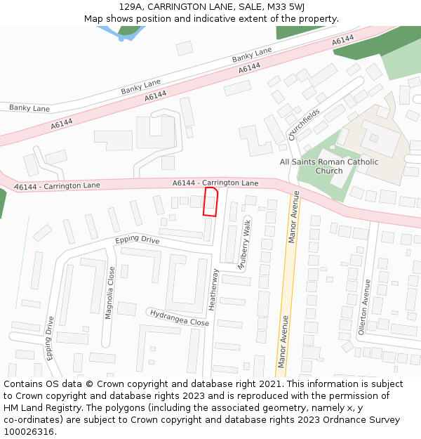 129A, CARRINGTON LANE, SALE, M33 5WJ: Location map and indicative extent of plot