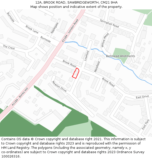 12A, BROOK ROAD, SAWBRIDGEWORTH, CM21 9HA: Location map and indicative extent of plot