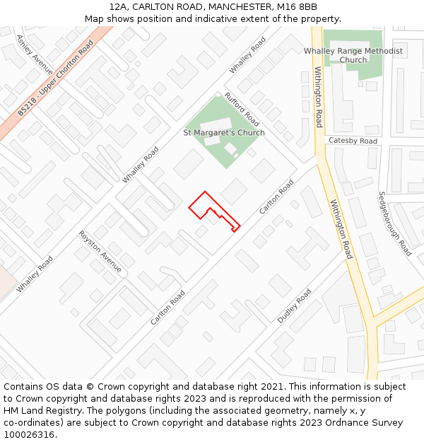 12A, CARLTON ROAD, MANCHESTER, M16 8BB: Location map and indicative extent of plot