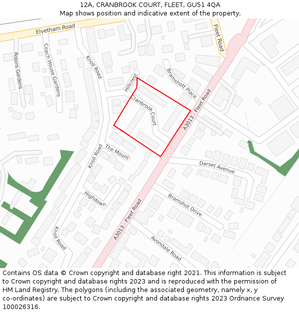 12A, CRANBROOK COURT, FLEET, GU51 4QA: Location map and indicative extent of plot