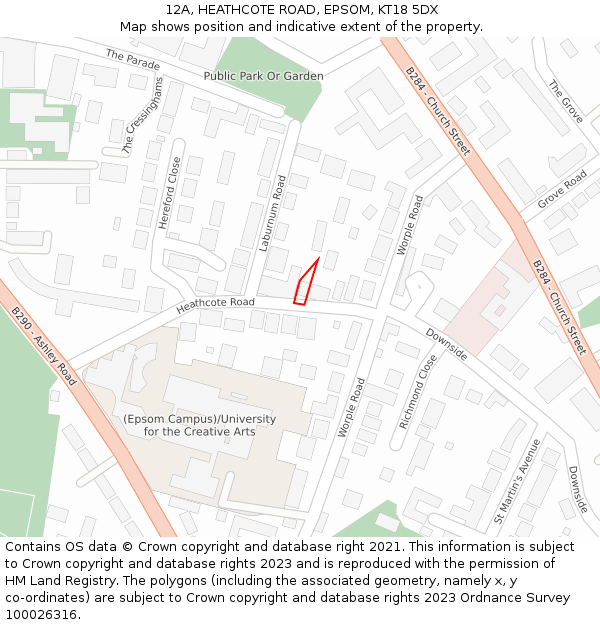 12A, HEATHCOTE ROAD, EPSOM, KT18 5DX: Location map and indicative extent of plot