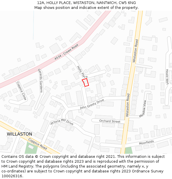 12A, HOLLY PLACE, WISTASTON, NANTWICH, CW5 6NG: Location map and indicative extent of plot