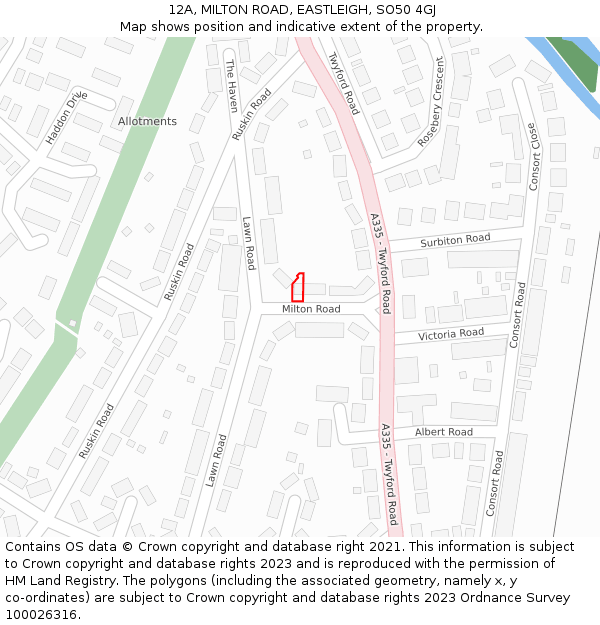 12A, MILTON ROAD, EASTLEIGH, SO50 4GJ: Location map and indicative extent of plot