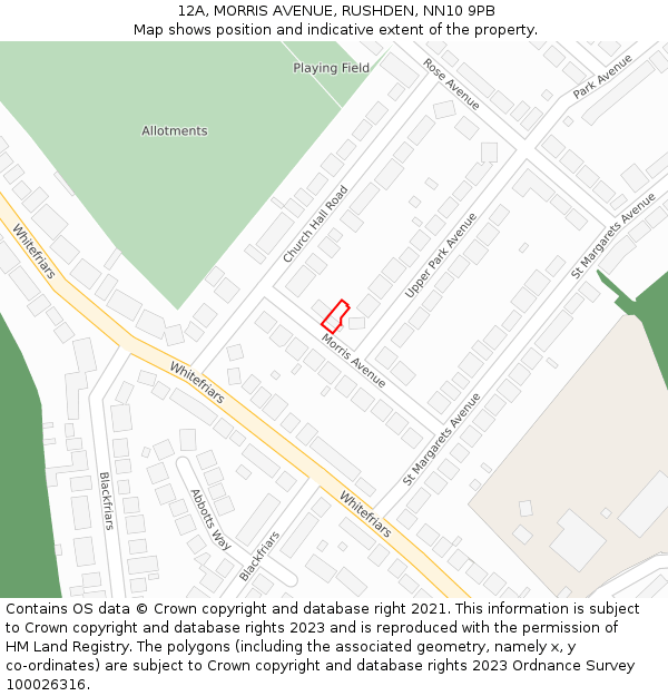 12A, MORRIS AVENUE, RUSHDEN, NN10 9PB: Location map and indicative extent of plot