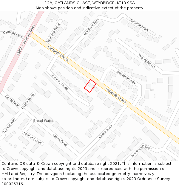 12A, OATLANDS CHASE, WEYBRIDGE, KT13 9SA: Location map and indicative extent of plot