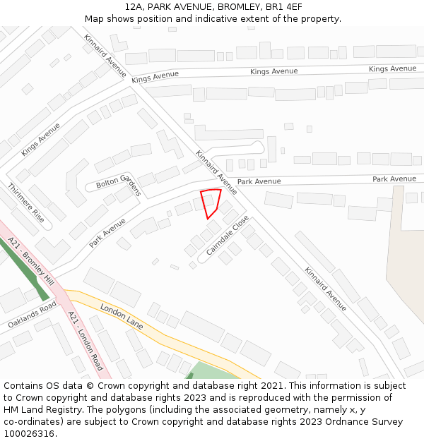 12A, PARK AVENUE, BROMLEY, BR1 4EF: Location map and indicative extent of plot
