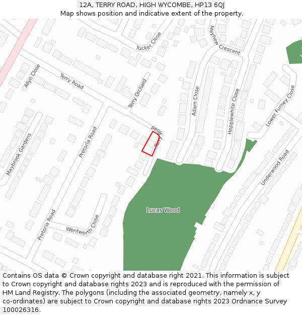 12A, TERRY ROAD, HIGH WYCOMBE, HP13 6QJ: Location map and indicative extent of plot