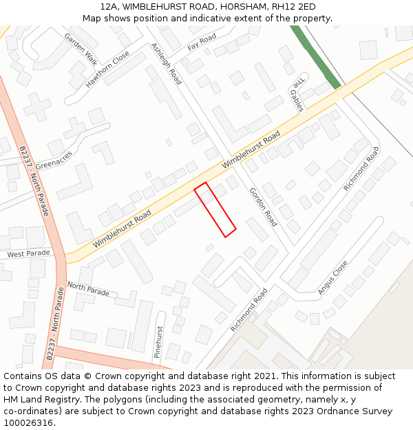 12A, WIMBLEHURST ROAD, HORSHAM, RH12 2ED: Location map and indicative extent of plot