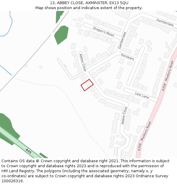 13, ABBEY CLOSE, AXMINSTER, EX13 5QU: Location map and indicative extent of plot