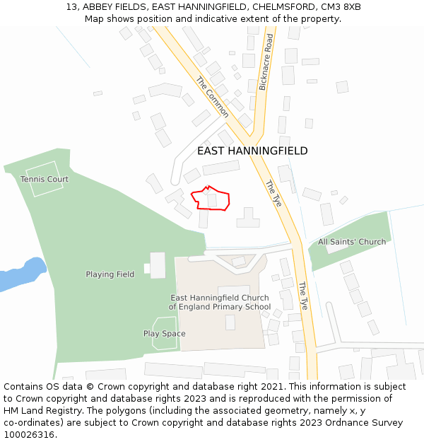 13, ABBEY FIELDS, EAST HANNINGFIELD, CHELMSFORD, CM3 8XB: Location map and indicative extent of plot