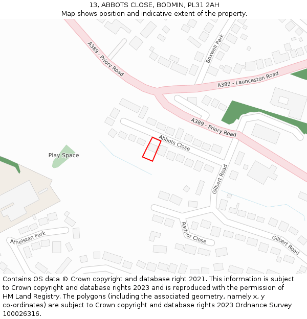 13, ABBOTS CLOSE, BODMIN, PL31 2AH: Location map and indicative extent of plot