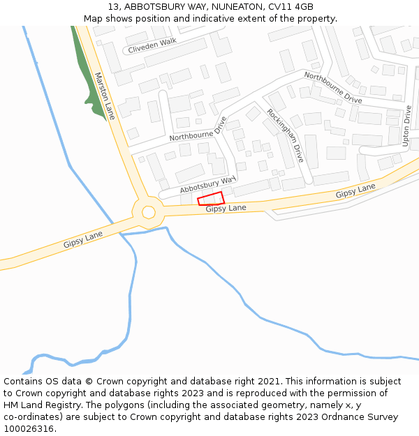 13, ABBOTSBURY WAY, NUNEATON, CV11 4GB: Location map and indicative extent of plot