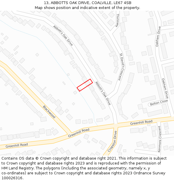 13, ABBOTTS OAK DRIVE, COALVILLE, LE67 4SB: Location map and indicative extent of plot