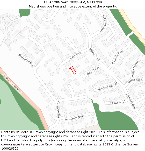 13, ACORN WAY, DEREHAM, NR19 2SP: Location map and indicative extent of plot