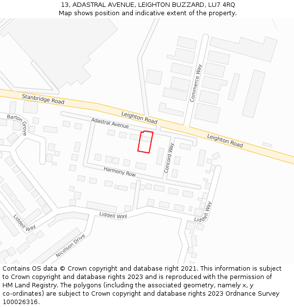 13, ADASTRAL AVENUE, LEIGHTON BUZZARD, LU7 4RQ: Location map and indicative extent of plot