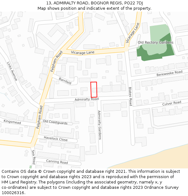 13, ADMIRALTY ROAD, BOGNOR REGIS, PO22 7DJ: Location map and indicative extent of plot