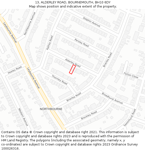 13, ALDERLEY ROAD, BOURNEMOUTH, BH10 6DY: Location map and indicative extent of plot