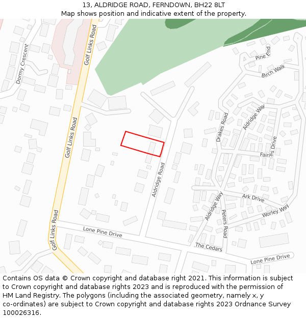 13, ALDRIDGE ROAD, FERNDOWN, BH22 8LT: Location map and indicative extent of plot