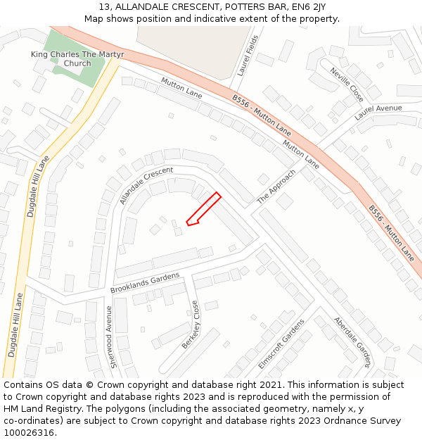 13, ALLANDALE CRESCENT, POTTERS BAR, EN6 2JY: Location map and indicative extent of plot