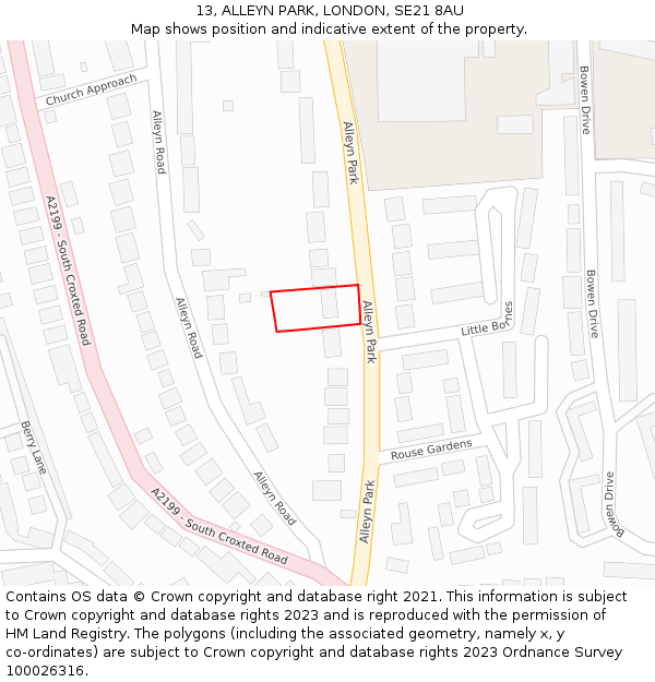13, ALLEYN PARK, LONDON, SE21 8AU: Location map and indicative extent of plot