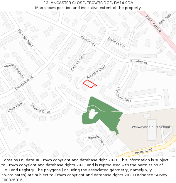 13, ANCASTER CLOSE, TROWBRIDGE, BA14 9DA: Location map and indicative extent of plot