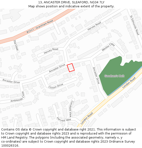 13, ANCASTER DRIVE, SLEAFORD, NG34 7LY: Location map and indicative extent of plot