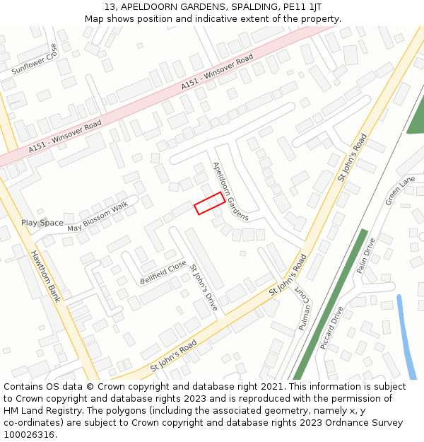 13, APELDOORN GARDENS, SPALDING, PE11 1JT: Location map and indicative extent of plot