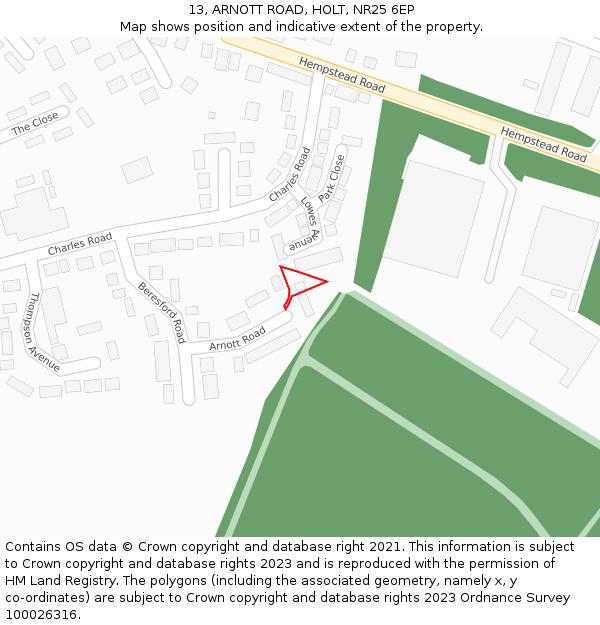 13, ARNOTT ROAD, HOLT, NR25 6EP: Location map and indicative extent of plot