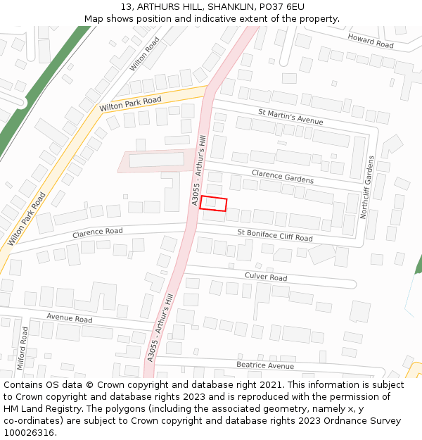 13, ARTHURS HILL, SHANKLIN, PO37 6EU: Location map and indicative extent of plot