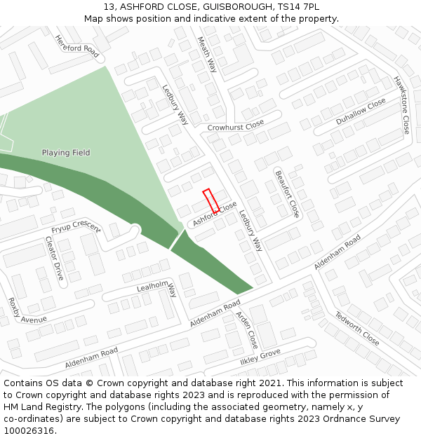 13, ASHFORD CLOSE, GUISBOROUGH, TS14 7PL: Location map and indicative extent of plot