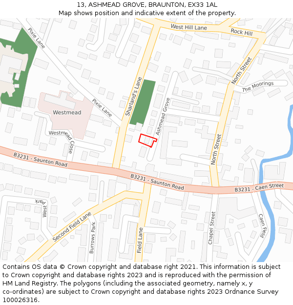 13, ASHMEAD GROVE, BRAUNTON, EX33 1AL: Location map and indicative extent of plot