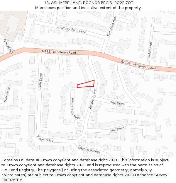 13, ASHMERE LANE, BOGNOR REGIS, PO22 7QT: Location map and indicative extent of plot